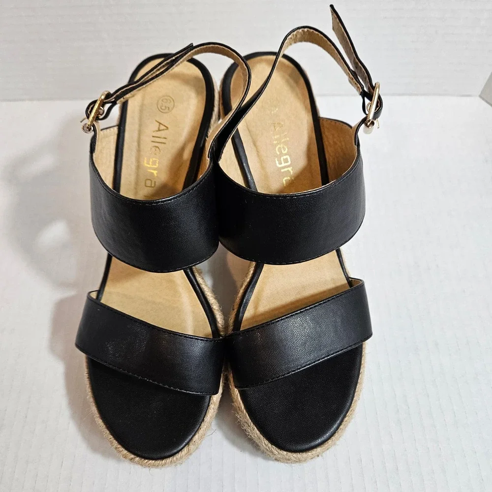 Allegra K Black Strappy Platform Jute Wedge Espadrille Sandals Size 6.5‎